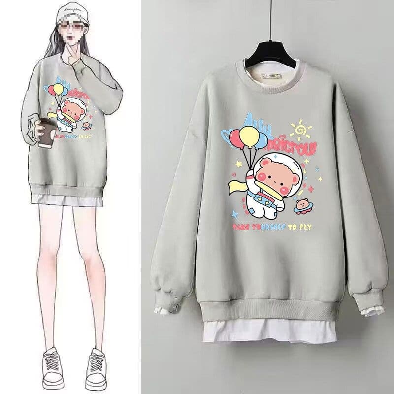False two-piece round neck sweatshirt for women, spring and autumn mid-length new European style loose patchwork printed jacket.