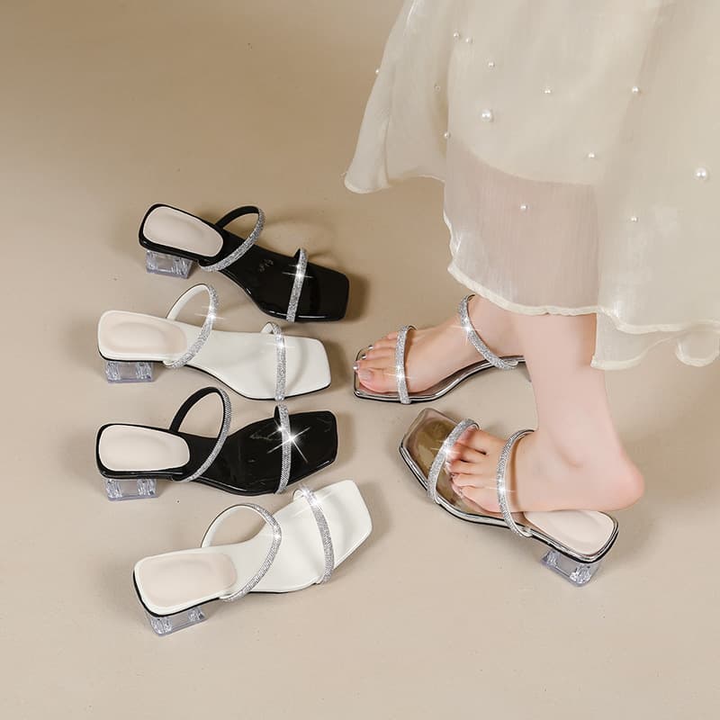 Women's Transparent Chunky Heel Slippers Summer 2026 New Fashion Rhinestone Dress French Style Sandals Plus Size Cross-Border
