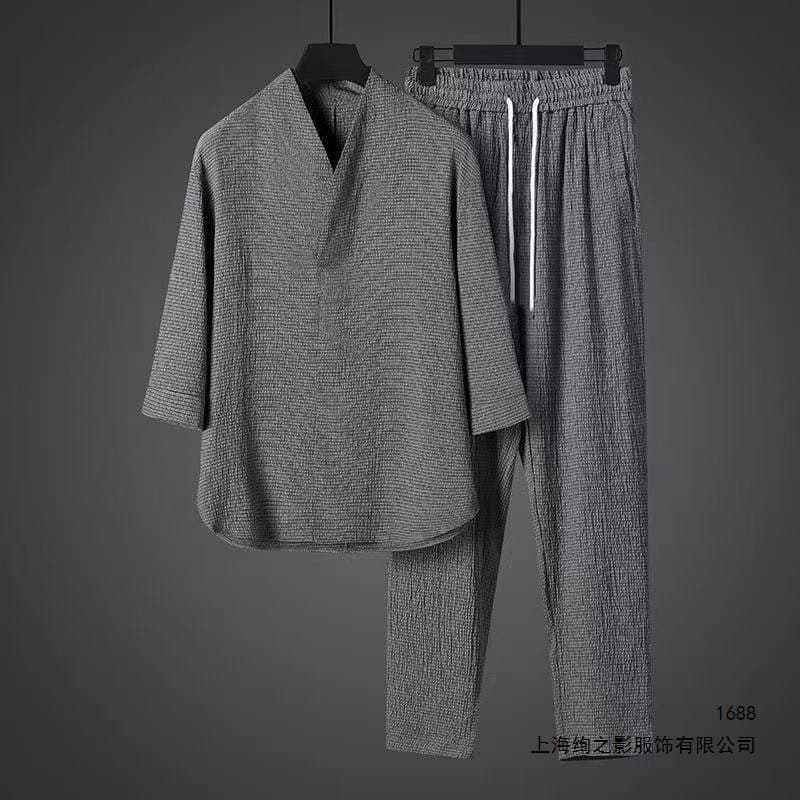 Ice Silk Draped Chinese Style Men's Thin T-Shirt Short Sleeve Summer Loose Plus Size Tang Suit Two-Piece Set