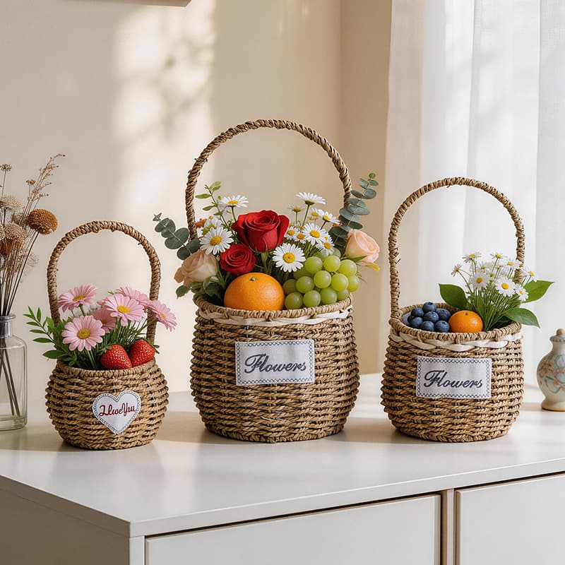 Straw Woven Handheld Flower Basket, Flower Shop Arrangement Basket, Event Gift Basket, Pastoral Style Succulent Planter, Wedding Flower Girl Basket