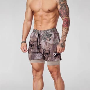 GYMSHARK Men's 2-in-1 Shorts for Sports Fitness, Double-Layer Running Training Stretch Pants for Outdoor Jogging