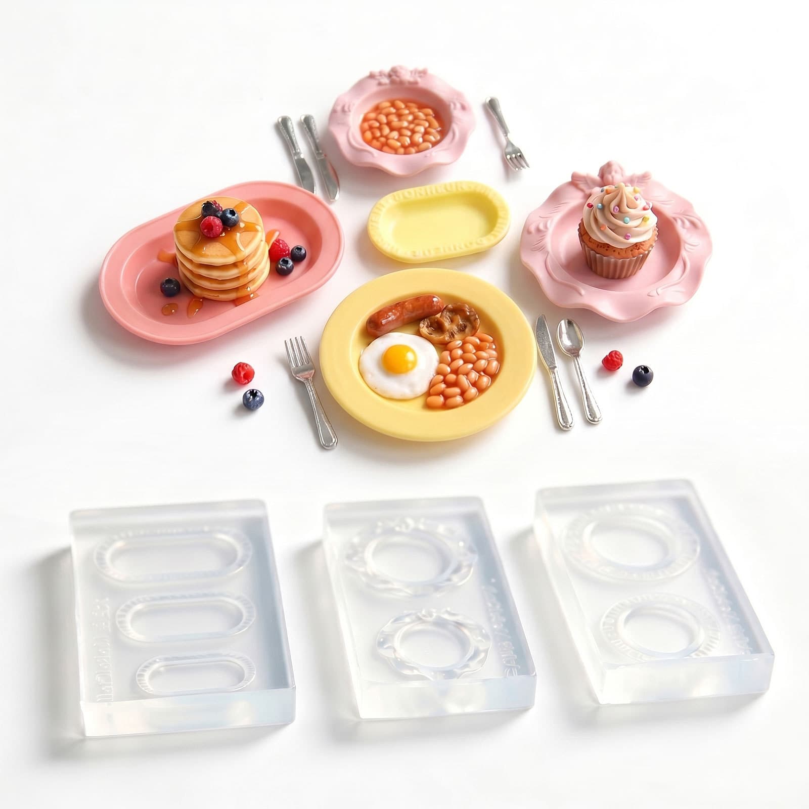 3-Piece Miniature Food Play Plate Mold Set - Mini Round Plate, Oval Plate, and Letter Decoration Small Plate Mold