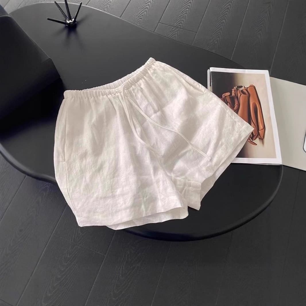 Women's White Cotton Linen Athletic Shorts, Summer New Elastic Waist Drawstring Hot Pants, Slimming Petite Loose Five-Point Shorts
