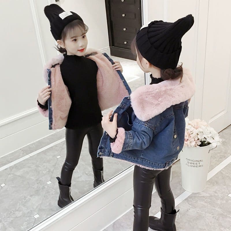 Girls Fleece-Lined Denim Jacket 2024 New Winter Chic Little Girl Baby Korean Style Clothing Children Winter Wear