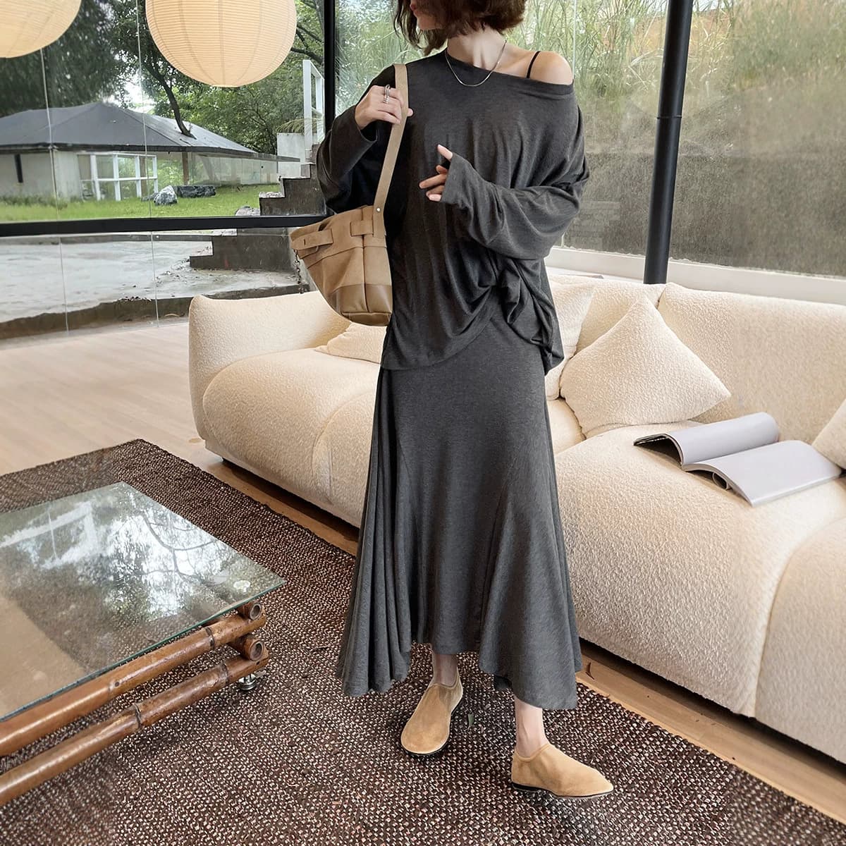 HOO Early Autumn French Lazy Relaxed Skin-Friendly Casual Versatile Top Fishtail Skirt Knit Set TZB422