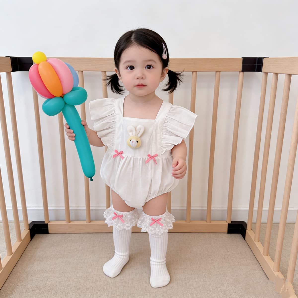 Summer new baby girl soft and cute bunny jumpsuit with small flying sleeves design, light and breathable white cotton jumpsuit