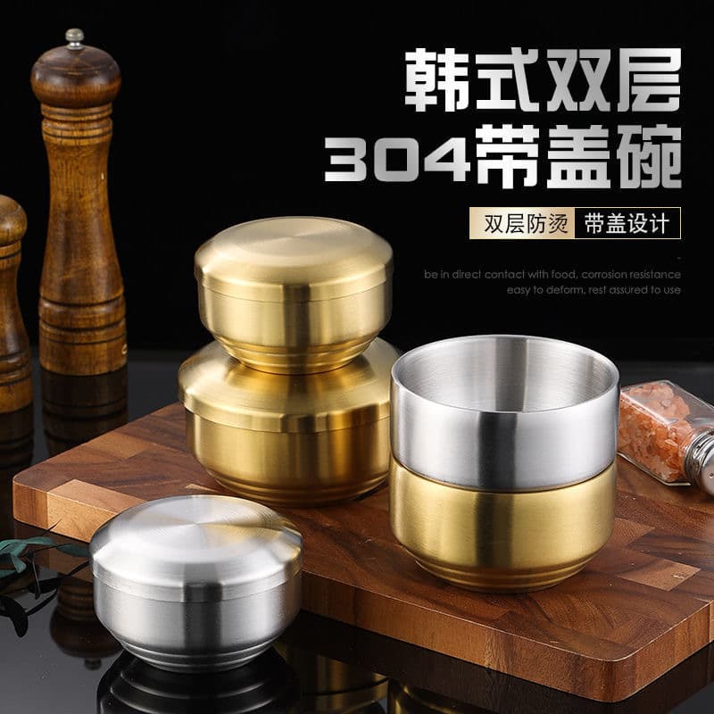 304 stainless steel bowl with lid, double-layer bowl, Korean bowl, insulated bowl, rice bowl with lid, anti-scalding, insulated children's bowl