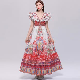 Bohemian Vacation Style Ruffle Sleeve Floral V-Neck Casual Dress with Waist-Slimming Flared Long Skirt