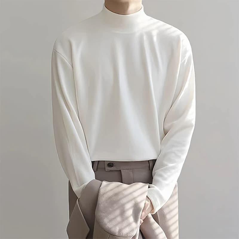 Deer Velvet Long Sleeve T-Shirt for Men, Mid-High Neck Base Layer, Winter Inner Wear, Korean Style Trendy Thermal Underwear