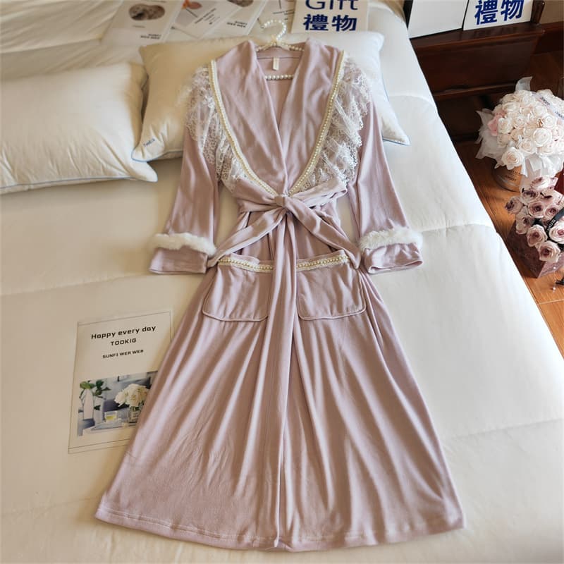 Island velvet nightgown for women in spring, autumn and winter long-sleeved lace sexy pure lust style plus velvet warm long nightgown home clothes