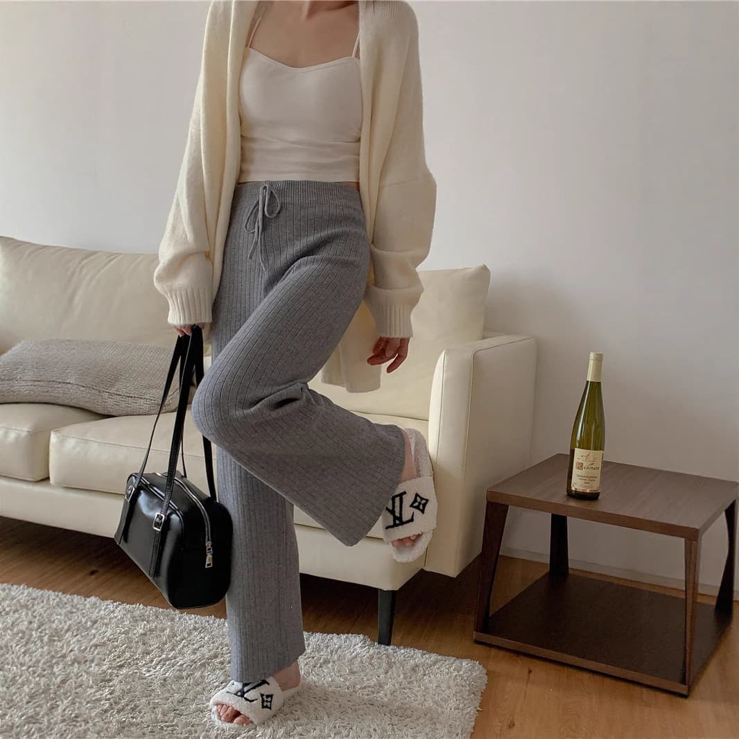 New Autumn/Winter Casual Knit Pants, Korean Style Loose Vertical Stripe Solid Color Floor-Length Straight-Leg Pants for Women, Wide-Leg Pants