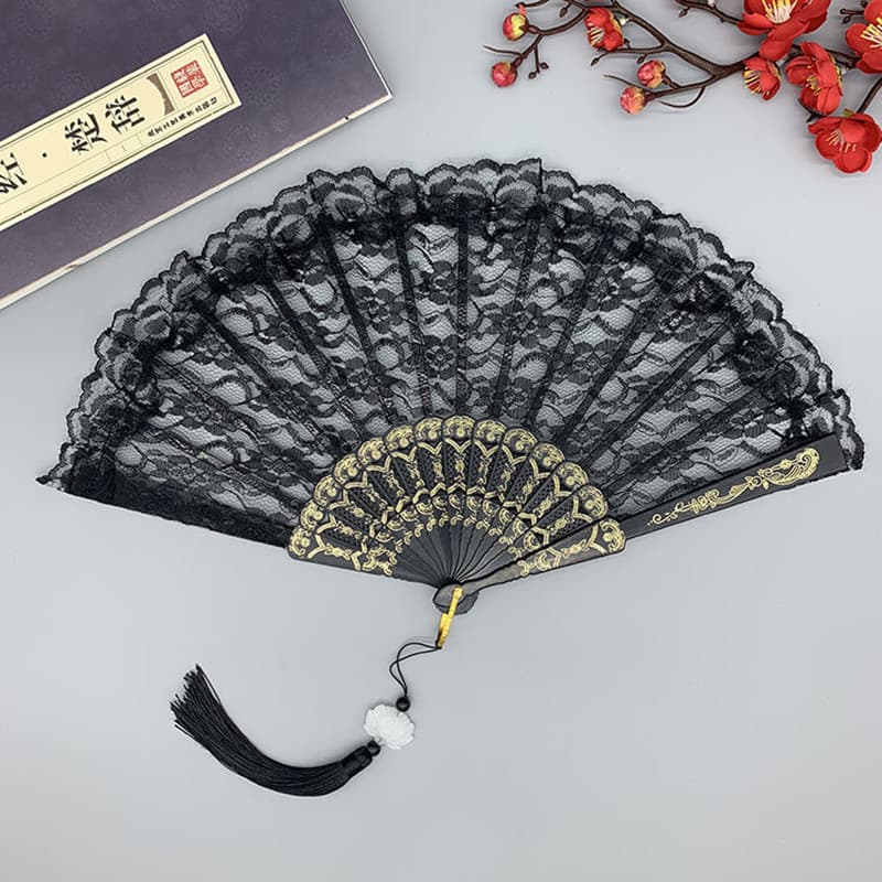 Lolita Lace Trim Ladies' Folding Summer Orchid Fan, Dance Performance Photography Prop, Folding Fan