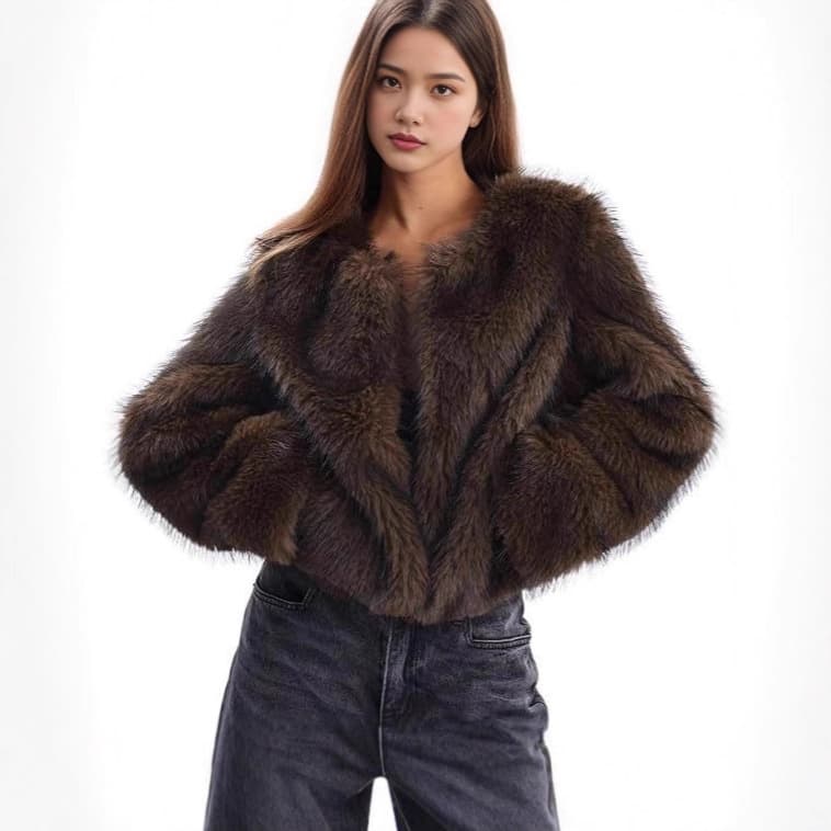 Cross-Border Autumn Winter Faux Fur Coat for Women, Short Faux Fox Fur Gradient Coat, Loose Thick Plush Coat