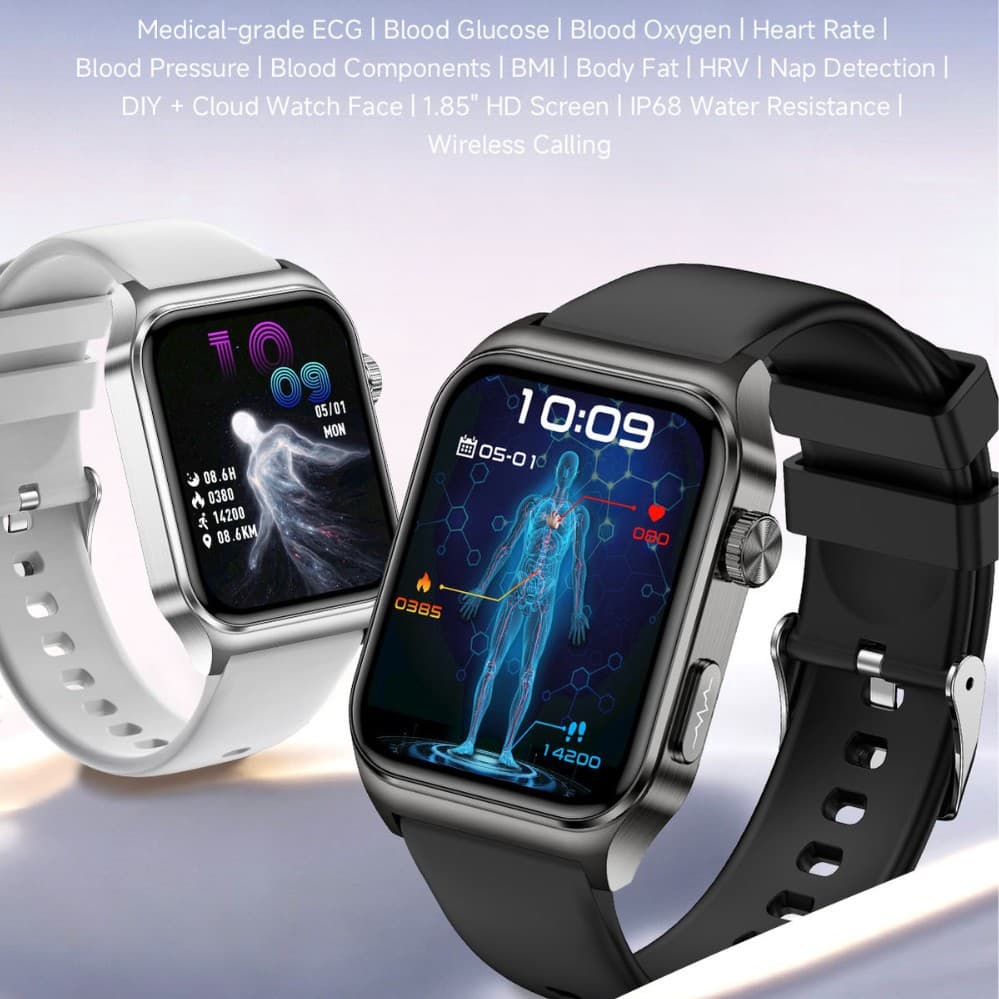 ECG electrocardiogram HRV scientific sleep body temperature blood pressure blood sugar blood lipids uric acid monitoring E100 smart watch
