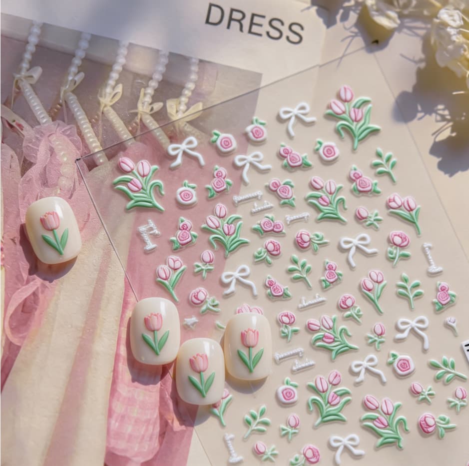 Yuese meow ins embossed flower nail stickers light pink sweet with adhesive backing diy mobile phone camera nail decoration stickers