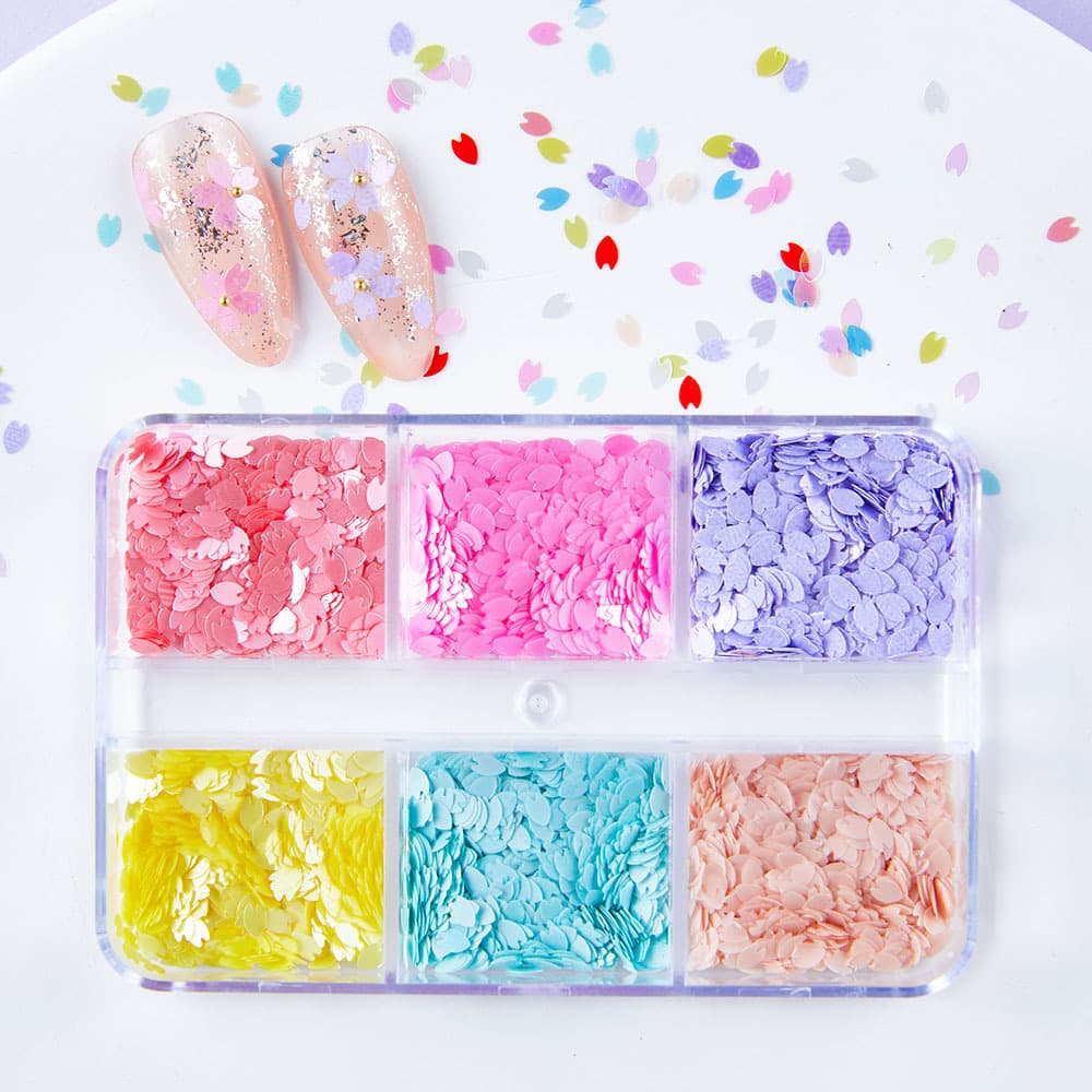 6-Compartment Colorful Sakura Petal Sequins Japanese Nail Art Decals Thin Flower Glitter Boxed Nail Sequins