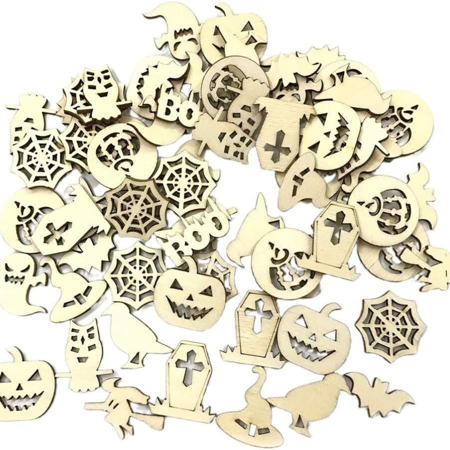 Wooden Craft Halloween Hanging Ornaments Carved Pumpkin Spider Ghost Women's Witch Decorative Diy Halloween Figurines Miniatures