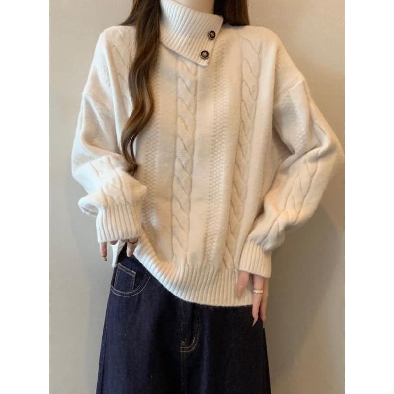 Premium High-Neck Drop-Shoulder Cable Knit Sweater for Women 2025 Fall Winter Plus Size Irregular Lapel Knit Top