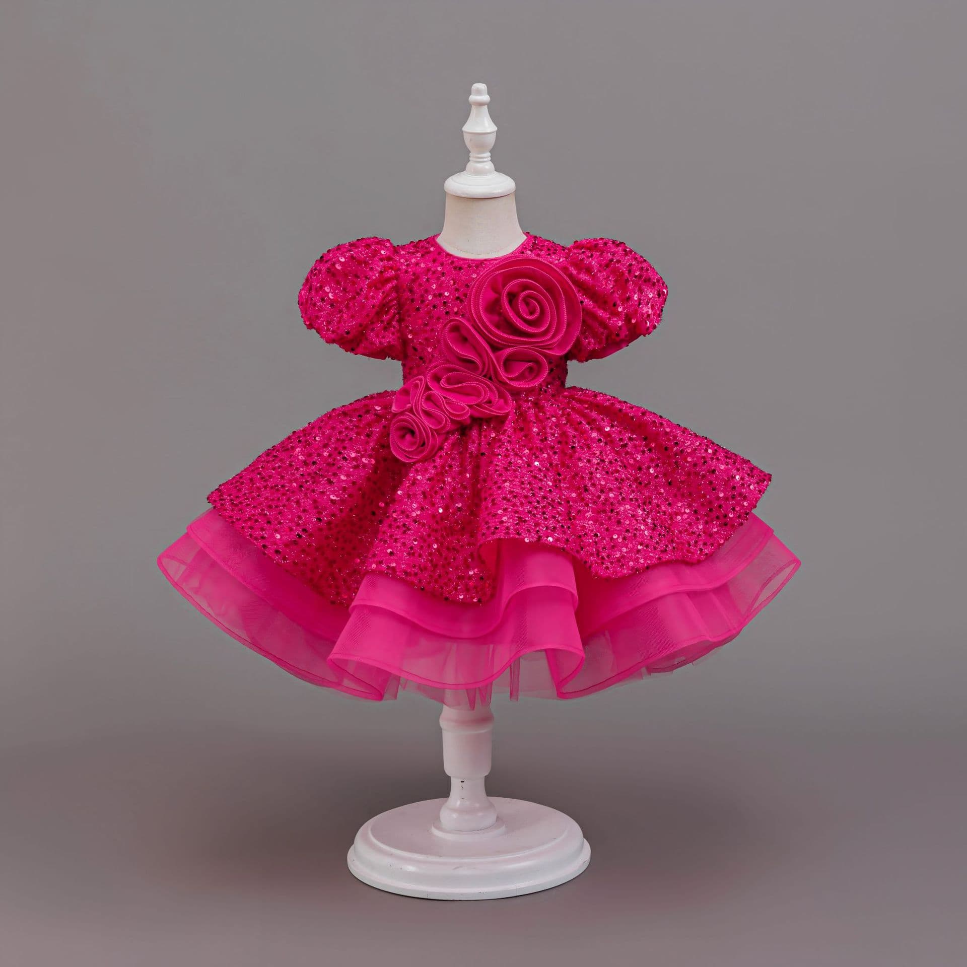 Princess Dress children's dress pink European and American children's sequin catwalk puff sleeve princess dress wholesale