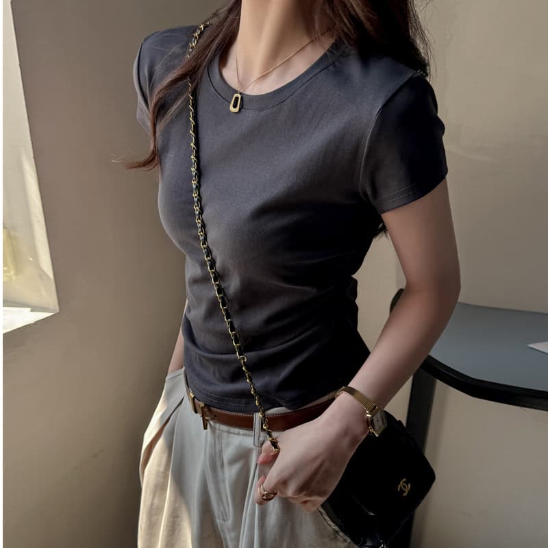 Korean Style Small Round Neck High-end Design Sense Shoulder Short-sleeved T-shirt Women's Side Pleated Slim-fit Base Shirt Summer Top