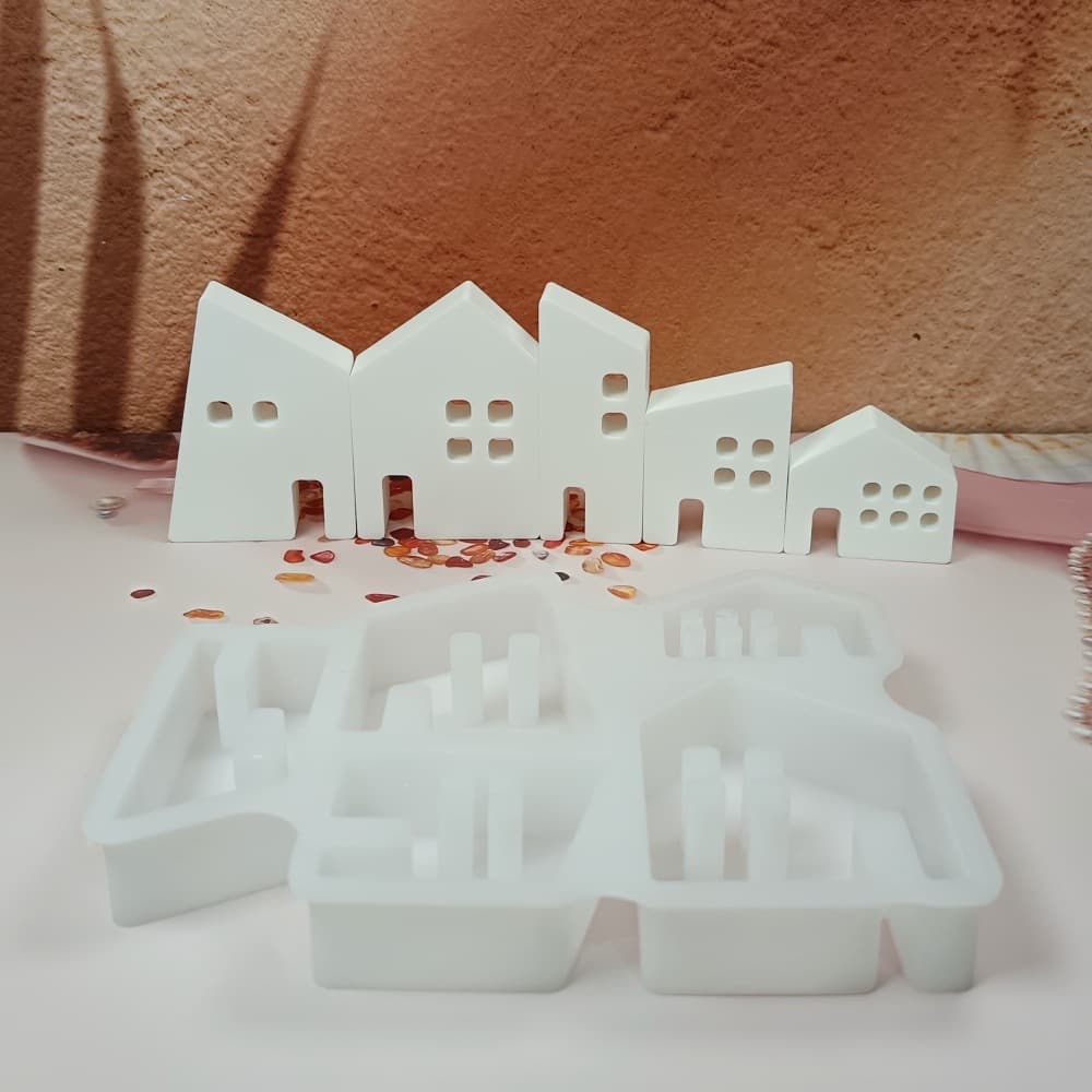 S1347 Five House Combination Decoration Ornaments Candlestick Plaster Mold DIY Silicone Mold