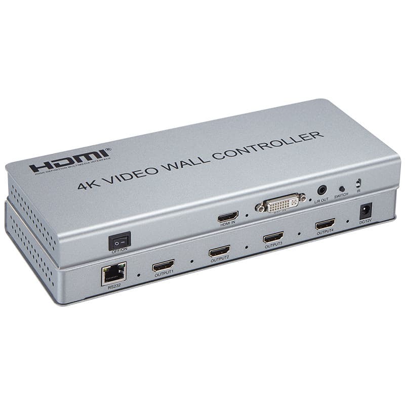 4K 2x2 video wall controller with HDMI and DVI input interfaces and multiple splicing modes.