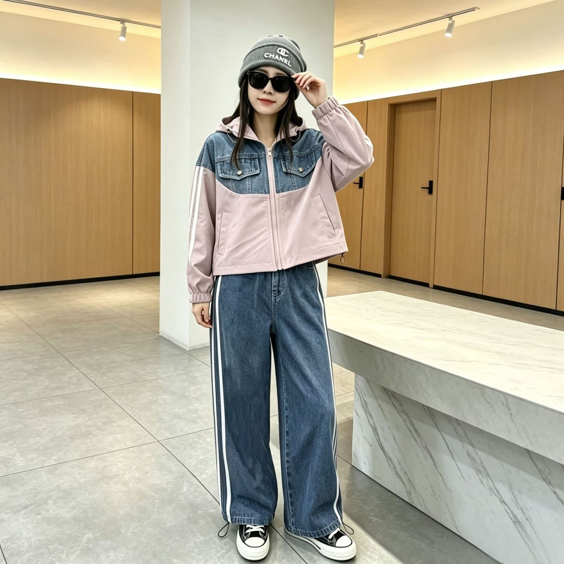 girlsets girls' clothing autumn 2026 new medium and large children's Korean sweatshirt spliced denim hooded two-piece suit