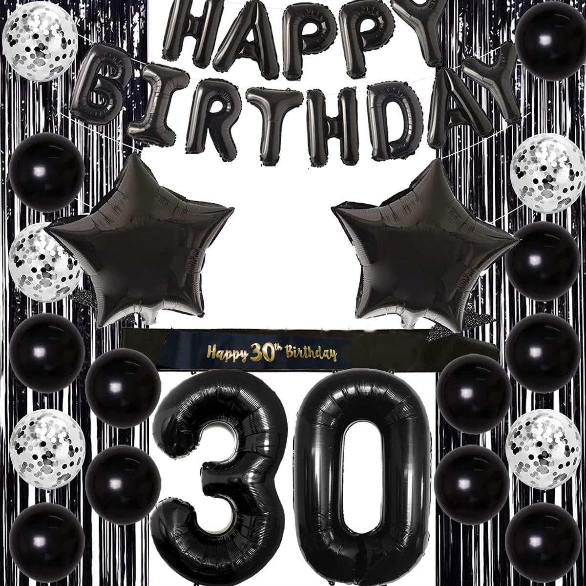 Black Rain Silk Curtain Black Five-Pointed Star Happy Birthday Balloon Set 30th Birthday Shoulder Strap Cross-Border Hot Sale 30th