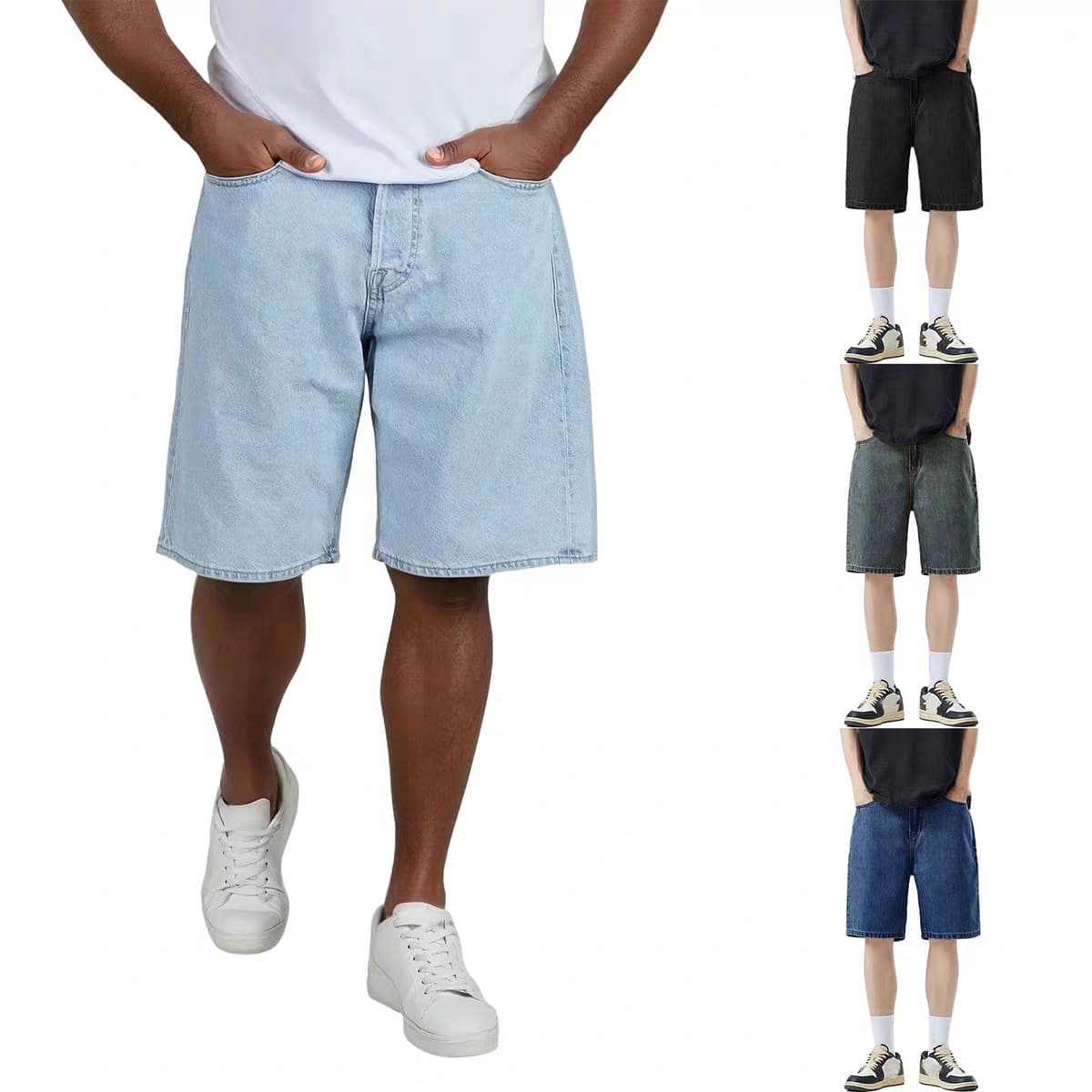 Cross-border wholesale summer thin light blue denim shorts for men, straight-leg loose fit, versatile American-style cool five-point shorts