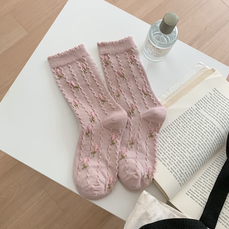 Korean Floral Pearl Socks for Women, Spring and Autumn Japanese Sweet Lace Mid-Calf Socks, JK Uniform Mary Jane Shoes Stackable Socks