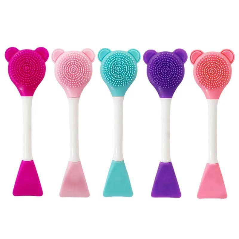 Bear Long-Handled Double-Headed Silicone Facial Cleansing Brush Massage Tool Smear-Type Multi-Functional Facial Massage Makeup Remover Brush