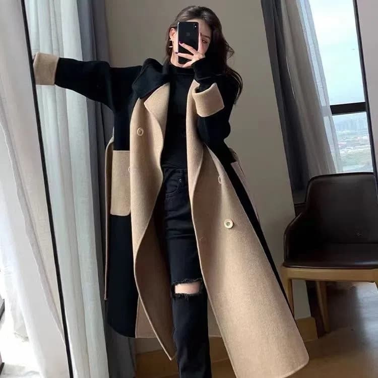 Winter New Loose Oversize Color-Blocking Elegant Hepburn Style Slimming Wool Coat for Women, Long Belted Coat