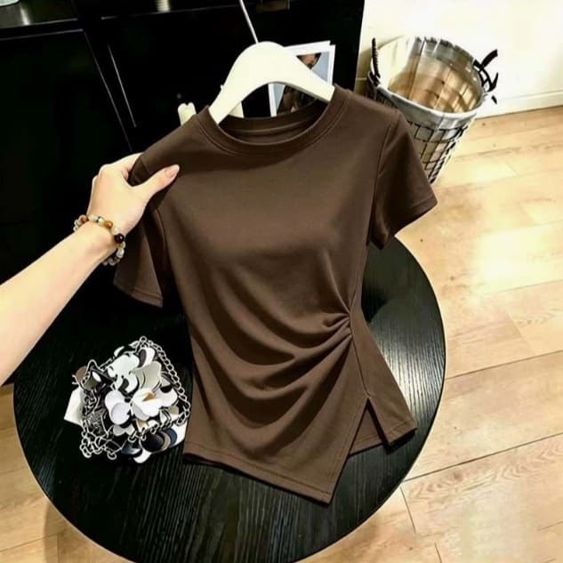 Pure Desire Round Neck Solid Color Irregular Cropped Pleated Short Sleeve T-Shirt for Women Summer Hot Girl Fashion Slim Fit Short Sleeve T-Shirt Women Trend