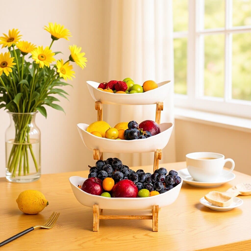 European-style multi-layer ceramic plastic dried fruit tray with bamboo wood stand, fruit tray for home use, snack storage tray, tea break display stand