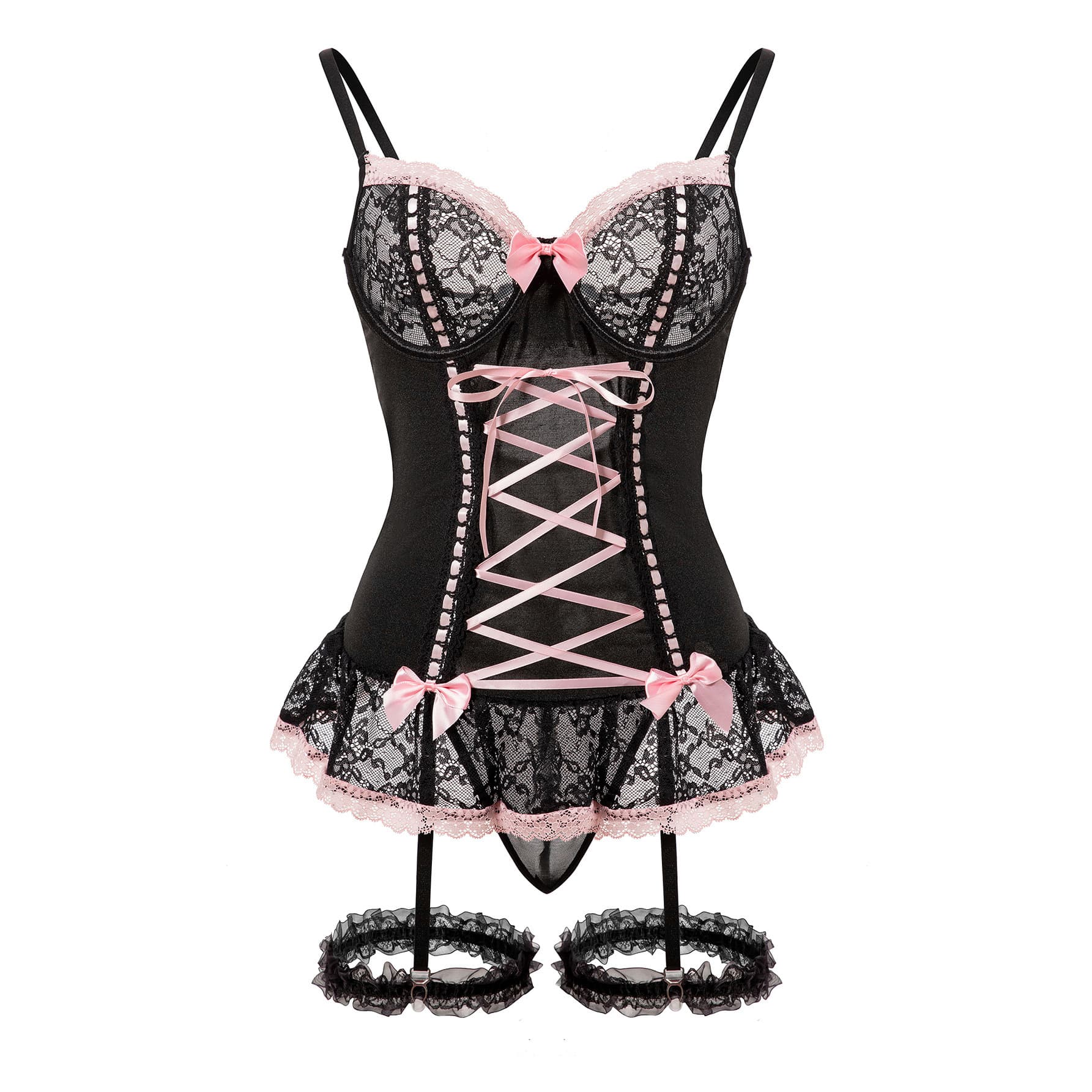 European and American Pure Desire Girl Style Sexy Transparent Lace Bow Leg Garter Bodysuit Lingerie Set