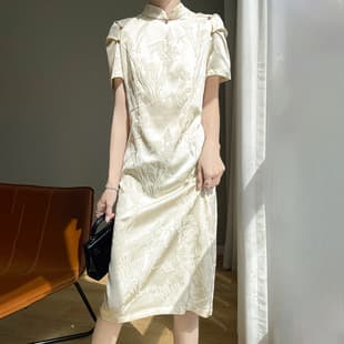 New Chinese-style satin cheongsam dress for women, short-sleeve high-end inner slip dress, slim silk satin outer long dress