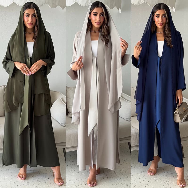 MQ295 Modest Cross-Border Solid Casual Cardigan Simple High-End Contrast Jacket with Chiffon Headscarf Two-Piece Set