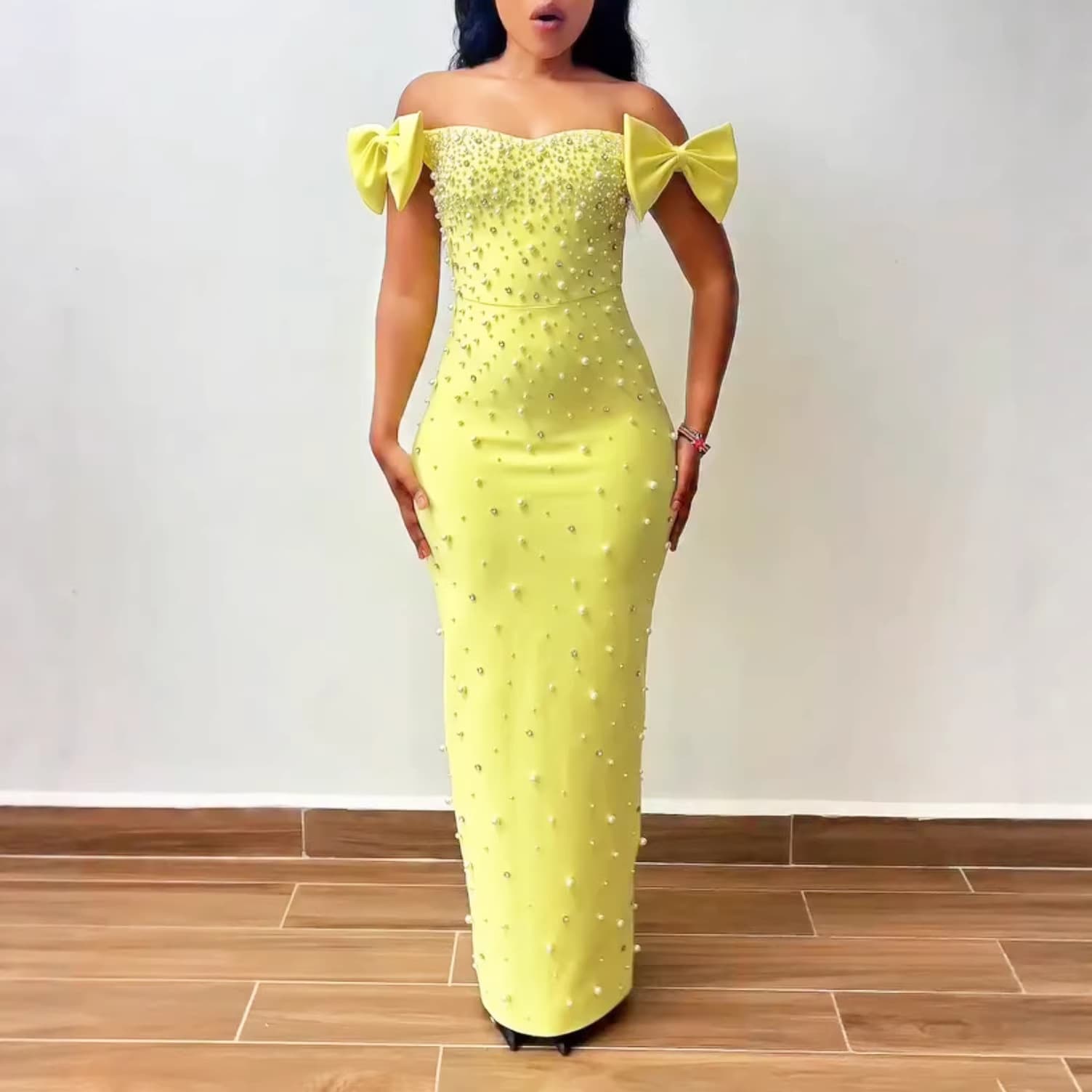 New Cross-Border European and American Women's Dress One-Shoulder Bow Tie Celebrity Style Tight Bandage Dress Evening Gown Long Dress