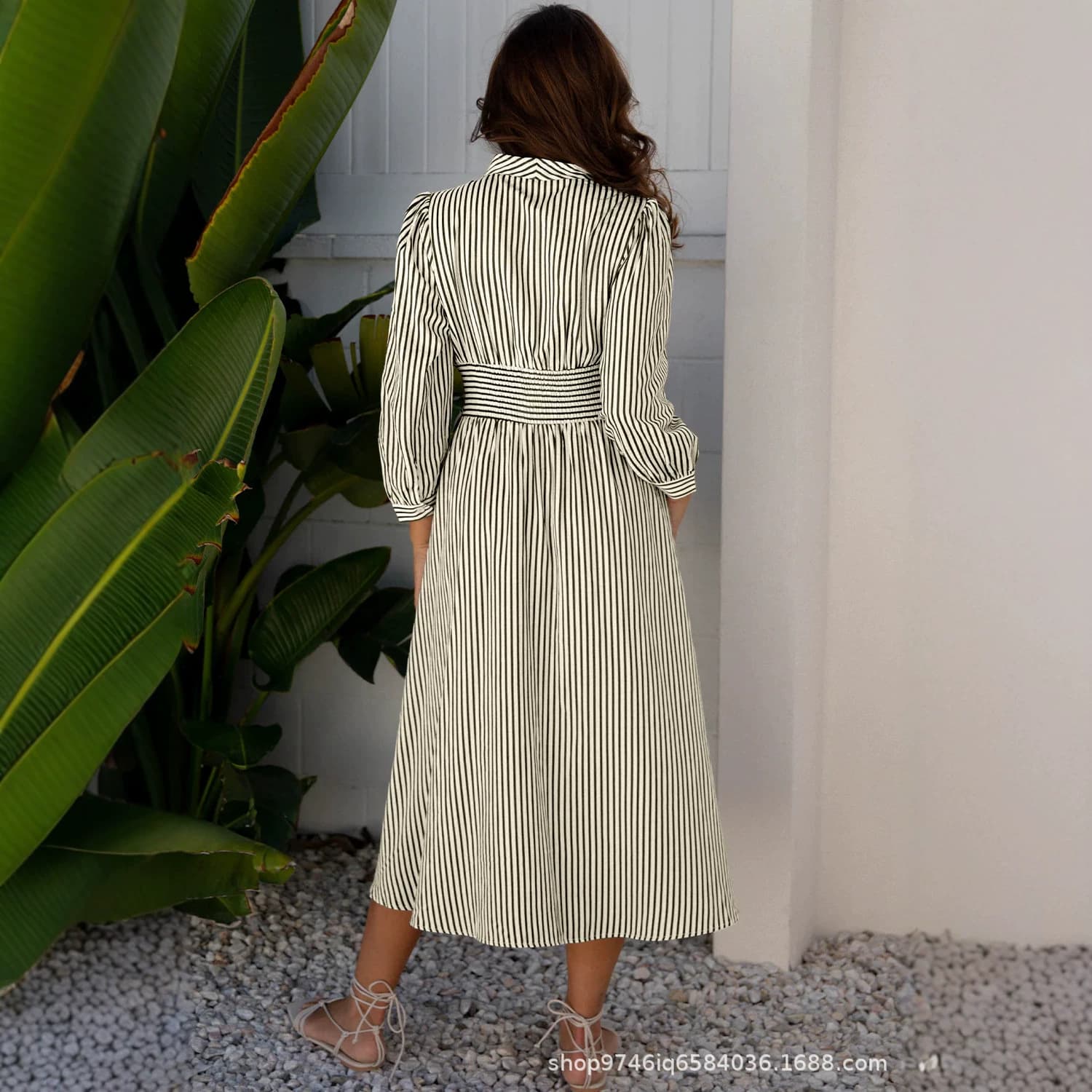 V-Neck Stripe Zipper Long Dress Polyester Plus Size Business Casual Spring