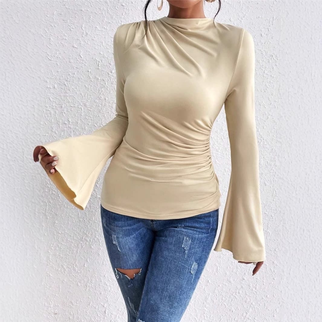 AliExpress Autumn Winter New Versatile Ruched Design Slim Fit T-Shirt with Bell Sleeves and Stand Collar for Europe and America Cross-Border Amazon