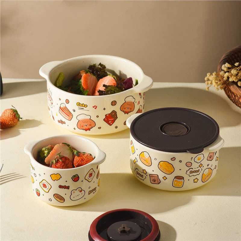 Cute Cartoon Ceramic Noodle Bowl with Lid for Dormitory Students Instant Noodle Bowl Home Salad Cute Double Ear Soup Bowl