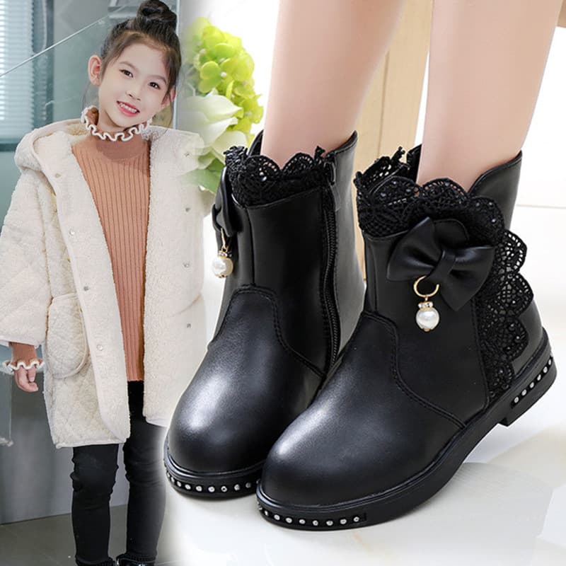 Girls' Boots Autumn Winter 2026 New Stylish Fashionable Children's Leather Short Boots for Older Kids with Added Fleece for Little Girls Mid-Calf Boots