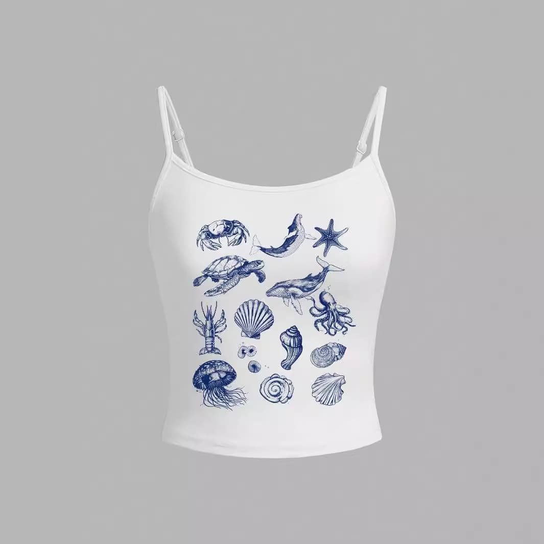 Ocean Life Pattern T-Shirt, Women's Casual Sexy Slim Spaghetti Strap Stretch Tank Top, Suitable for Summer