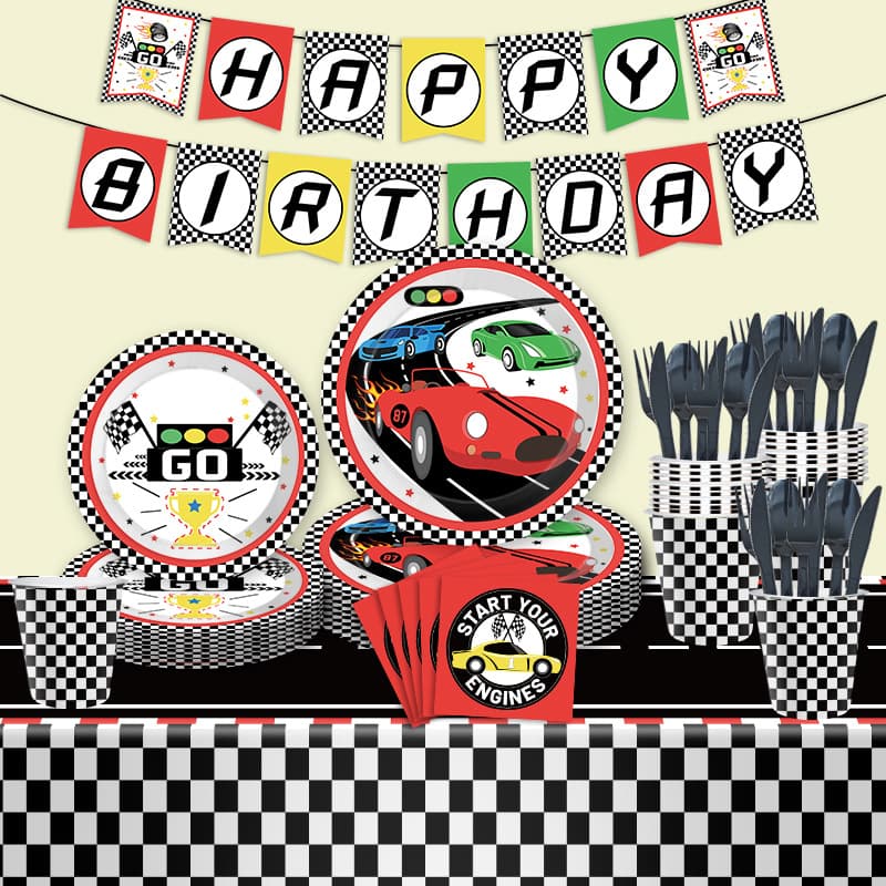 New Racing Car Party Birthday Theme Disposable Paper Plates Cups Napkins Tablecloth Party Decorations