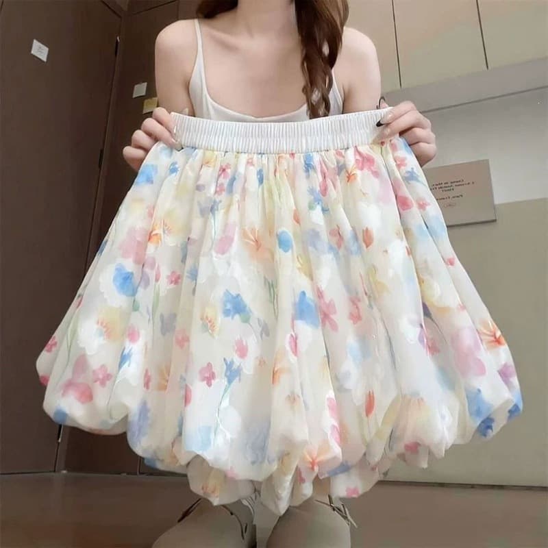 Floral fluffy flower bud shorts for women summer 2025 small high-waisted loose casual ice silk wide-leg culottes