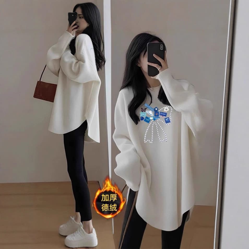 Autumn/Winter Mid-Length Loose Fit Thermal Top for Plus Size Women, Round Neck, Velvet Long Sleeve T-Shirt