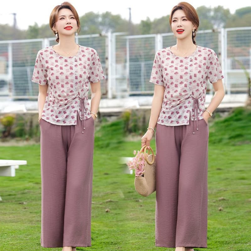 Summer Mom Outfit New Short-Sleeve Two-Piece Set for Women Aged 40-50, Middle-Aged and Elderly Women's Stylish and Elegant Two-Piece Set