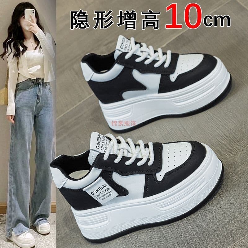 10CM platform shoes for women, 2025 new style, suitable for petite women, versatile panda casual sneakers, height-increasing white shoes.