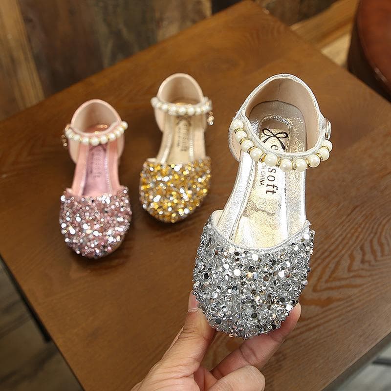 Girls Princess Shoes New Korean Style Fashion Little Girl Chic Versatile Sparkle Flats Spring Summer Pearl Heels