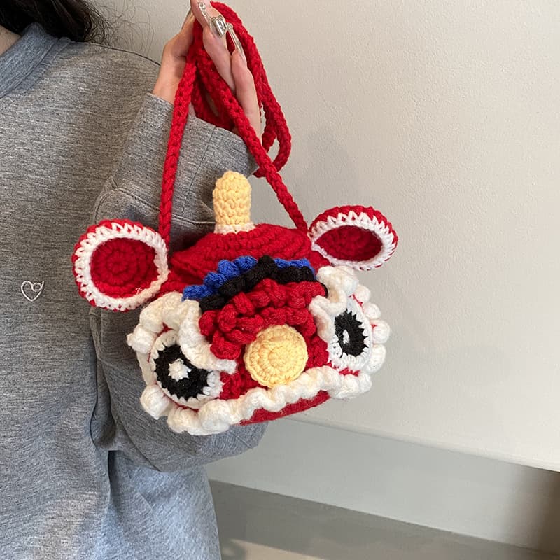 Children's coin purse, cute lion awakening, Chinese style wool woven bag, male and female baby accessories, small shoulder bag, New Year's red envelope